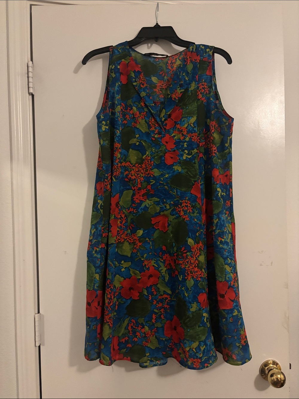 Zara Sleeveless Floral Swing Dress in Blue, Green and Red